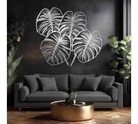 Decoración de Pared de Metal Minimalista Moderna con diseño de Hoja de Monstera, Hojas de Plantas Tropicales, decoración Colgante de Naturaleza, decoración para Dormitorio (Plateada, 105 x 95 cm)