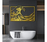 Decoración de Pared de Metal Minimalista Moderna, diseño estético de la Gran Ola de Kanagawa para Sala de Estar (100 x 60 cm, Dorado)