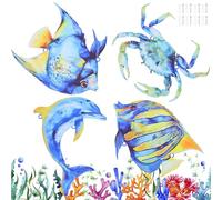 Decoración de pared de metal para exteriores, 4 piezas de esculturas de tortuga azul, pez, cangrejo, caballito de mar, delfín, decoración para playa, mar, piscina, valla de jardín, habitación de los