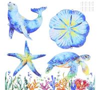 Decoración de pared de metal para exteriores, 4 piezas de esculturas de tortuga azul, pez, cangrejo, caballito de mar, delfín, decoración para playa, mar, piscina, valla de jardín, habitación de los