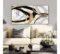 Decoración de pared dorada - Lienzo negro para sala de estar - Cuadro abstracto de líneas grandes para dormitorio, cocina y hogar (75 x 150 cm, sin marco)