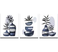 Decoración de pared en azul, gris y blanco, pintura botánica de plantas, impresiones en lienzo, arte minimalista, decoración moderna de baño en azul marino, 80 x 120 cm x 3, sin marco