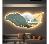 Decoración de Pared Grande 3D con iluminación Moderna, Escultura Colgante de Plumas, con LED, para Sala de Estar, Entrada y Pasillo (Verde, 90 x 30 cm).