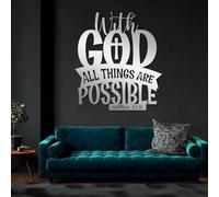 Decoración de Pared Moderna Minimalista de Metal con Letrero con Dios Todo es Posible, Arte con versículo bíblico, Adorno Colgante Cristiano Inspirador, religioso (Plateado, 90 x 80 cm).