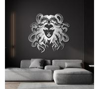 Decoración de Pared Moderna Minimalista de Metal con Medusa, Serpiente de la mitología Griega, para Sala de Estar, Dormitorio o Espacio con temática mitológica (Plateado, 47 x 44 c