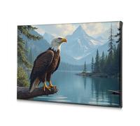 Decoración de pared para el hogar, águila posada en un tronco junto a un lago sereno con montañas en el fondo. Lienzo decorativo para decoración de pared del hogar (20 x 30 cm)