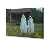 Decoración de pared para el hogar, dos fantasmas de pie delante de una vieja cabaña. Lienzo decorativo para decoración de pared del hogar (30 x 40 cm)