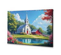 Decoración de pared para el hogar, una iglesia pintoresca con flores vibrantes y un estanque sereno. Lienzo decorativo para decoración de pared para el hogar, kit para colgar cuadros (30 x 40 cm)