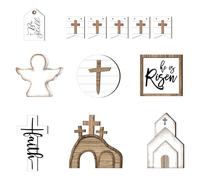 Decoración de Pascua de madera - Plato de madera de varios niveles como decoración de mesa, 12 piezas Jesús Primavera casa de campo - para salón, cocina, entrada, dormitorio, estantería de chimenea