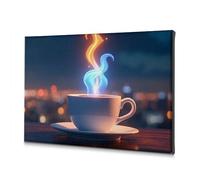 Decoración de Pascua, una taza de café con vapor brillante contra un fondo de paisaje urbano. Lienzo decorativo para baño, decoración de pared (20 x 30 cm)
