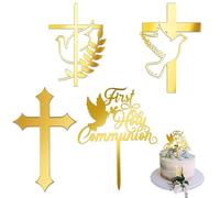 Decoración de pastel con palomas de paz y cruz, set de 4 piezas, adornos de acrílico dorado para comunión, bautizo y celebraciones religiosas