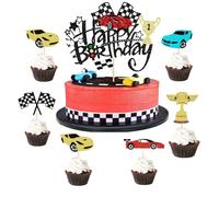 Decoración de pastel con tema de carreras, 25 piezas de decoración de fiesta de feliz cumpleaños de coche brillante para niños, juego de cupcakes de rueda de bandera a cuadros de motocicleta SANYUANHE