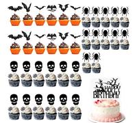 Decoración de Pastel de Halloween, 36 Piezas Cupcake Toppers con "Happy Birthday" Gran Inserto de Pasteles, Decoraciones de Fiesta sobre el Tema del Horror - Murciélagos, Esqueletos y Arañas