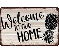 Decoración de pino al revés, bienvenido a nuestro hogar, estilo vintage, cartel de hojalata, letreros de metal para el hogar, cocina, baño, jardín, garaje, citas inspiradoras, decoración de pared, reg