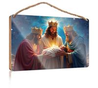 Decoración de porche con texto en inglés "Three Wise Men Adoring The Baby Jesus", letrero de madera para la cocina, casa de campo, baño, diciembre (23 x 35 cm)