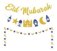 Decoración de Ramadan Ramadan Mubarak Banner Gold Star Moon Lantern Ramadan Garland Decoraciones Eid Mubarak Cartel Colgante para Eid Festival Decoración de Fiesta Ramadan Kareem Decoración