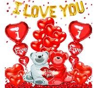Decoración de San Valentín Globos, Corazón Rojo Globos, Amor Oso Globo, I LOVE YOU Globo Pancartas, 500PCS Pétalos de Rosa Artificiales, Kit Romantico Decoracion San Valentin, Boda
