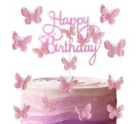 Decoración de tarta de cumpleaños con diseño de mariposa rosa y purpurina, temática de mariposa para niñas