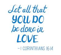 Decoración de vinilo para pared Letras a mano y versículo bíblico: Que todo lo que hagas sea hecho con amor 1 Corintios 36x36.8cm No daña la superficie de la pared Azul
