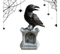 Decoración del Cuervo de Halloween - Crow on Tombstone Decoraciones de Halloween | Estatuas de Crow encaramado en una lápida | Decoración del hogar de escultura estética para entrada móvil en el patio