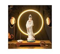 Decoración del hogar Estatua de Buda de cerámica Amarilla con Borde Dorado, Adorno for Oficina, Sala de Estar, decoración Zen Feng Shui con Base y Anillo de luz