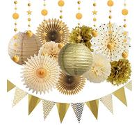 Decoración dorada para fiestas, abanicos de papel marrón crema, faroles de papel, pompones, banderines para bodas rústicas, neutros, baby shower, compromiso, cumpleaños, graduación, Navidad, Año