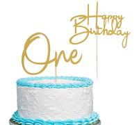 Decoración dorada para tartas de un cumpleaños, 2 piezas de decoración para tartas de feliz cumpleaños, decoraciones de pastel de primer cumpleaños con purpurina dorada de un solo lado, decoraciones