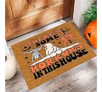 Decoración espeluznante con texto en inglés "There's Some Horr Ors In This Crystal Velvet Floor Mat Thanksgiving Pumpkin Floor Mat Halloween Decoration Door Household Dirt Dancing Pumpkin Door