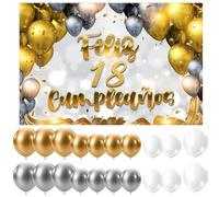 Decoración Feliz 18 cumpleaños + 20 Globos.1 Photocall guirnalda para 18 cumpleaños de mujer y hombre. Cartel Pancarta de fiesta 18 cumpleaños en blanco y dorado. 3 Colores de Globos