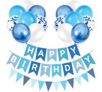 Decoración Fiesta Cumpleaños Azuls, 16 Globos Azul Claro, Azul Metalizado, Blanco y Confeti Azuls con Banner Feliz Cumpleaños y Guirnalda Cumpleaños, Happy Birthday Decoración para Niños y Hombres
