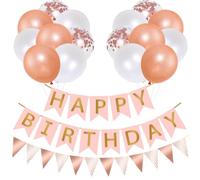 Decoración Fiesta Cumpleaños Oro Rosa, 16 Globos Oro Rosa, Blanco y Confeti Oro Rosa con Banner Feliz Cumpleaños y Guirnalda Cumpleaños, Happy Birthday Decoración para Niñas y Mujeres