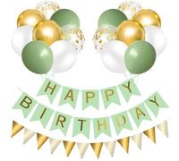Decoración Fiesta Cumpleaños Verde, 16 Globos Salvia Verde, Blanco, Dorado Metálico y Confeti Dorado con Banner Feliz Cumpleaños y Guirnalda Cumpleaños, Happy Birthday Decoración para Hombres Mujeres