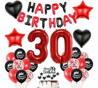 Decoración Globos 30 Cumpleaños Mujer Negros y Rojos - 30 Años Deco Cumpleaños