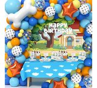 Decoracion Globos Cumpleaños Tematica de Perros y Cachorros. Arco de Globos Fiesta Cumpleaños Infantil con Globos de Colores, Hueso y Estrellas. Telón de Fondo y Mantel Decoracion Globos de Perros