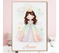 Decoración habitación niña Princesa pelo castaño - Regalo personalizado | Poster para pared con acuarela pastel de cuento de hadas, tonos suaves y magicos, para el cuarto de los pequenos