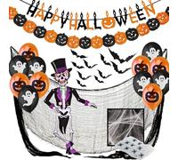 Decoracion Halloween Casa XXL, Decoraciónes Fiesta de Miedo - Banderas Banderinas, Murciélagos, Guirnalda Calabaza, Globos, Tela De Araña, Paño Negro Espeluznante y Esqueleto Articulado