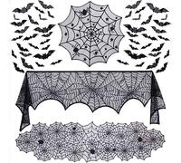 Decoración Mesa Halloween,wohot 51pcs Decoracion Halloween Mantel incluir Telaraña Camino de Mesa, Manteles de Redondo, Mantel Bandeja de Chimenea y 48 X 3D Murciélagos Pegatinas