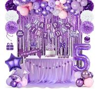 Decoración morada para 5º cumpleaños, Set de fiesta para niñas, Guirnalda Happy Birthday, Globos, Cortina morada, Banda, Pompones, Espiral colgante, Suministros para fiesta de princesas