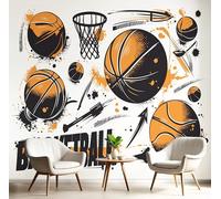 Decoración Mural Naranja Negro Texto Baloncesto Papel Pintado Movimiento Del Grafiti 3D Murales Seda Material Para Fotográfico Tapiz Salón Dormitorio Cocina Decoración Del Hogar,400X280Cm