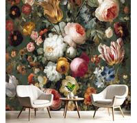 Decoración Mural Verde Oscuro Pintura Al Óleo De Flores Papel Pintado Plantas Barrocas 3D Murales Seda Material Para Fotográfico Tapiz Salón Dormitorio Cocina Decoración Del Hogar,400X280Cm
