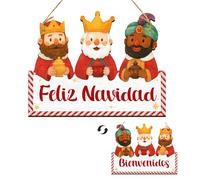 Decoracion Navidad Reyes Magos de Madera para Puerta, Doble Cara con “Feliz Navidad” y “Bienvenidos”, Navidad Decoración Casa, Entrada, Ventana, Balcón
