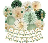 Decoración neutra verde salvia para baby shower, pancarta de bienvenida para bebé, verde oliva, salvia, crema, pompones de papel de seda, guirnalda de puntos circulares para bebés, niños y niñas
