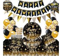 Decoracion Nochevieja 2026 ,Juego de Vajilla de Feliz Año Nuevo,Happy New Year Tableware Set,Platos y Servilletas, Mantel,Globos,Pancarta Happy New Year Sirve a 16 Personas