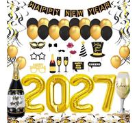 Decoracion Nochevieja 2027 XXL Set, Banderinas Feliz Año Happy New Year,Globos 2027 Gigantes, Accesorios de Fotomaton, Globos Confeti y Remolinos para Fiesta de Víspera de Año