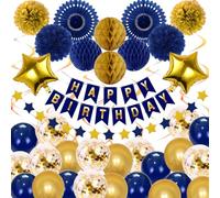 Decoracion Oro Azul Marino Cumpleaños con Globos, Pompones, Ventilador de Papel, Pancarta Feliz - Decoración para Fiesta Bodas Hombres Mujeres 1-60 Años
