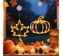 Decoración otoñal para ventanas, decoración de otoño, calabaza, hoja de arce con luz LED, decoración de Halloween, calabaza, decoración de ventana con ventosa, funciona con pilas, cadena de luces