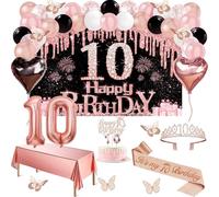 Decoración para 10 cumpleaños para niña, 49 unidades Black Rose Gold Black Happy 10th Birthday Banner, mantel, decoración de mariposas, corbata y tiara, decoración para tartas, arco de globos