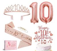 Decoración para 10 cumpleaños para niña, corona y faja, 10 globos de cumpleaños de oro rosa, vela para 10 decoraciones de cumpleaños, 10 regalos para novia, w917