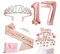 Decoración para 17 cumpleaños para niña, corona de faja, 17 globos de oro rosa