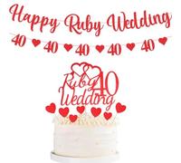 Decoración para 40 aniversario de boda, pancarta de boda de rubí feliz, 25 piezas de decoración para tartas de 40 aniversario con corazón rojo con purpurina